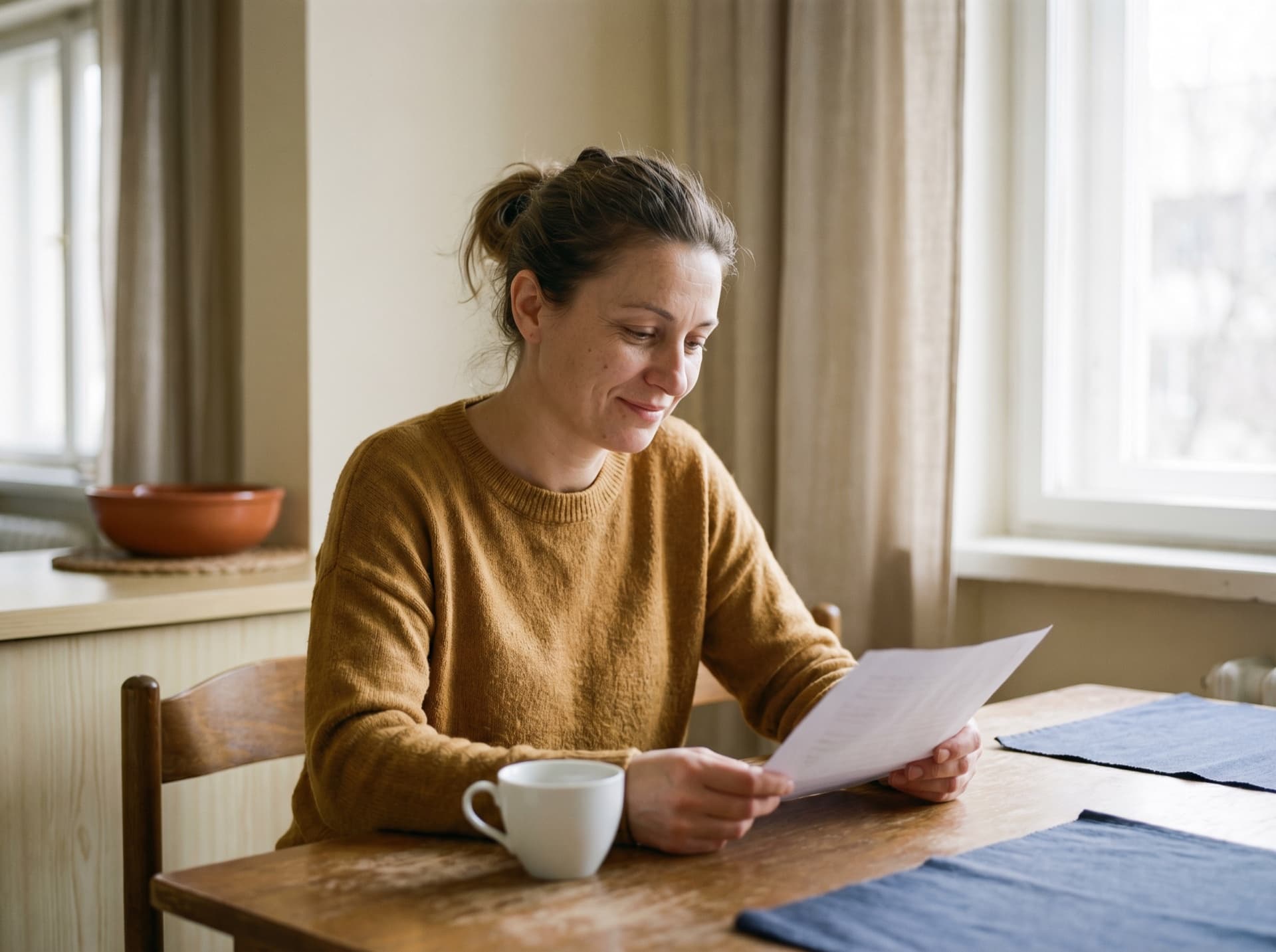 Жена разглежда спокойно документ на кухненска маса — след обединяване на кредитите